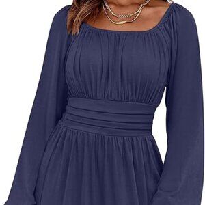 ANRABESS Womens Dress Long Lantern Sleeve Square Neck Elastic Waist Ruffle Flow